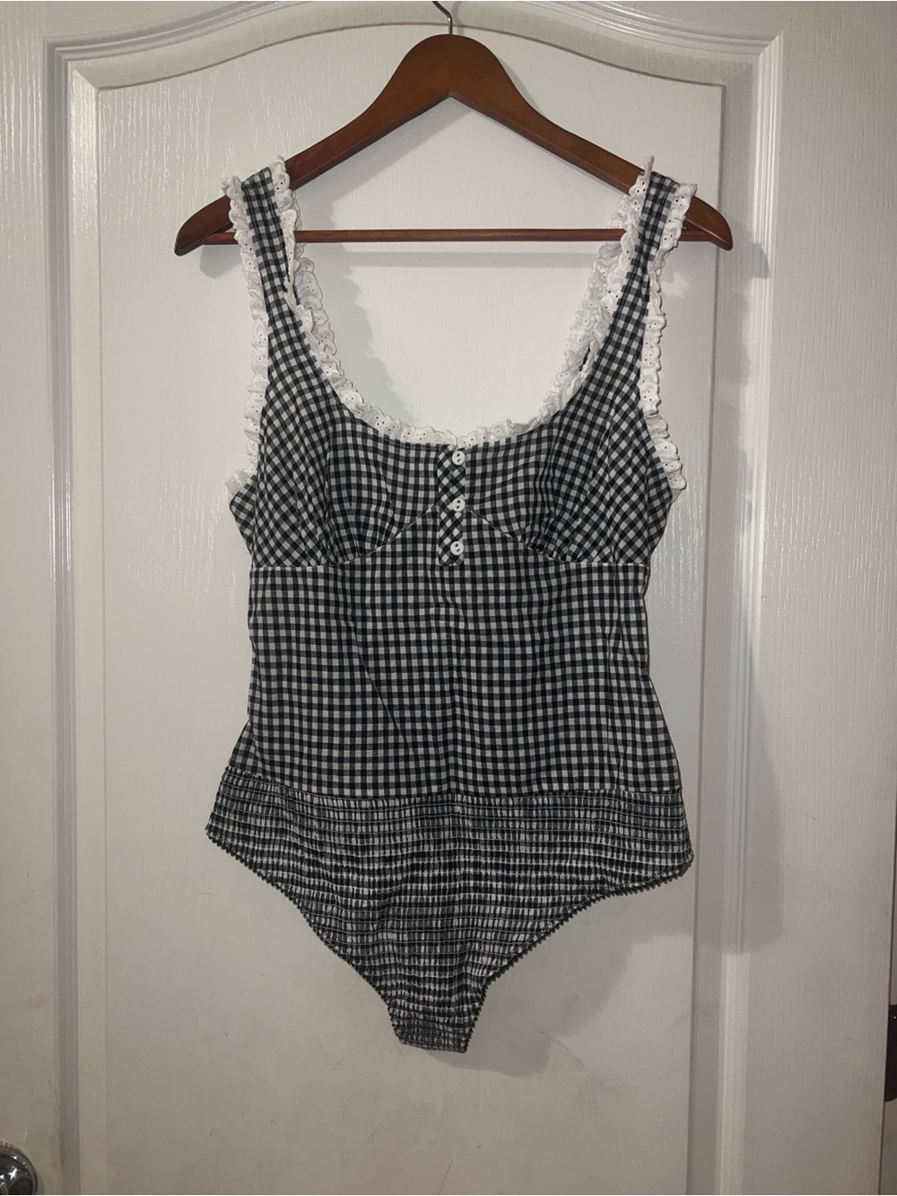 Free People Black and White Gingham Lace-Trim Bodysuit